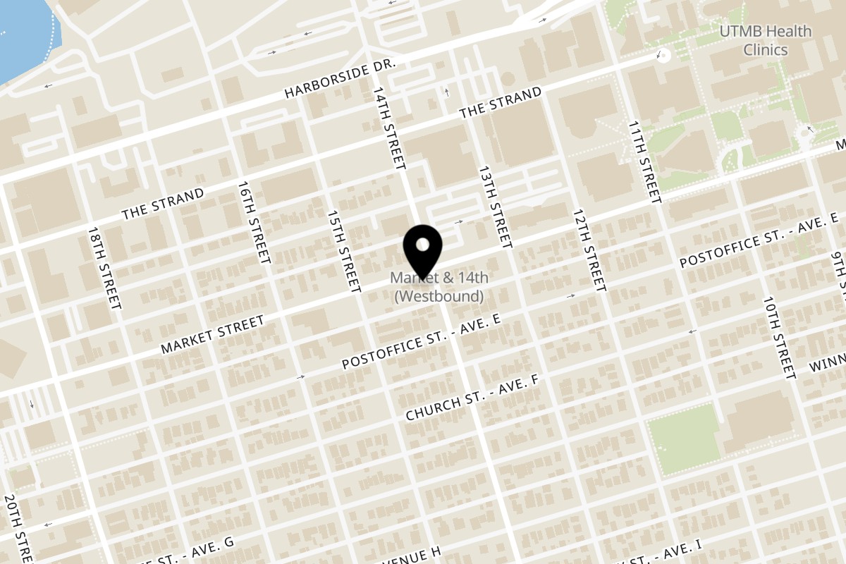 Map showing the location of The Original Mexican Cafe on 1401 Market Street in Galveston